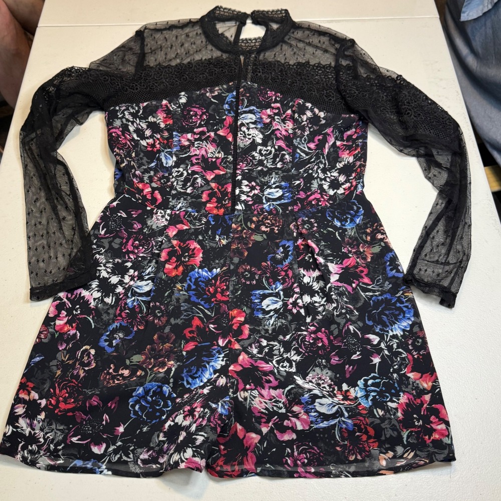Adelyn Rae Black Floral Lace Yoke Long Sleeve Romper - Pink & Blue Floral